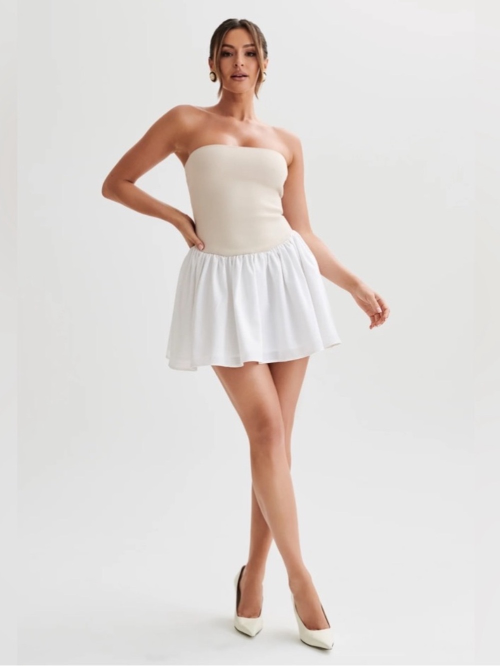 NWT SMALL Meshki Strapless Knit Mini Dress in Cream and White